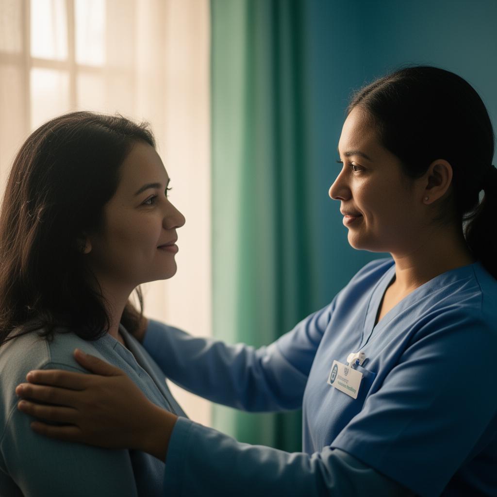 A nurse offering compassionate support to a patient by a window