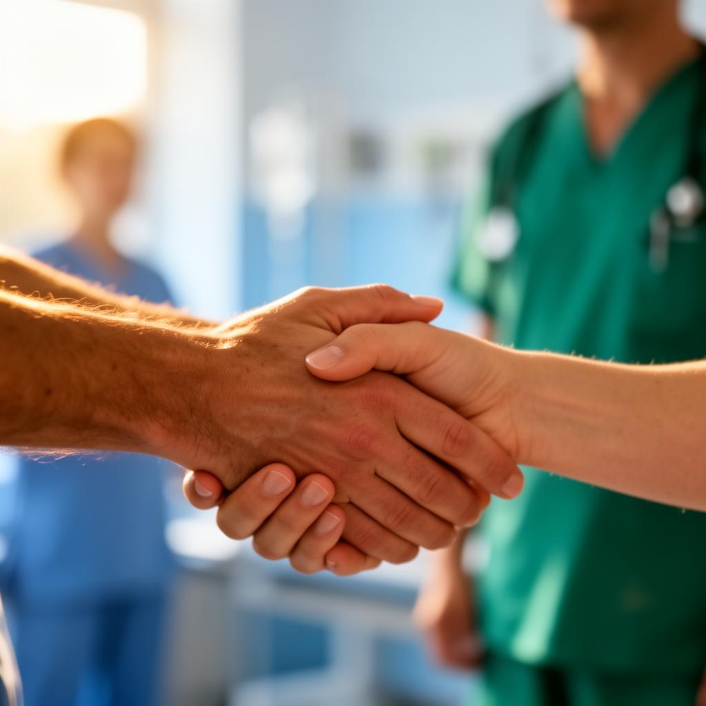 A nurse offering a supportive handshake to a patient in a hospital corridor